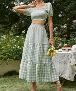 Trendsi Gingham Smocked Crop Top And Tiered Skirt Set New Arrivals