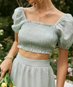 Trendsi Gingham Smocked Crop Top And Tiered Skirt Set New Arrivals