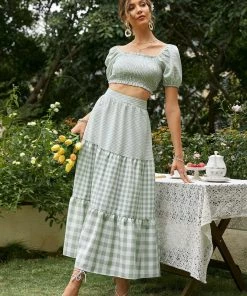 Trendsi Gingham Smocked Crop Top And Tiered Skirt Set New Arrivals