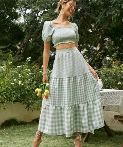 Trendsi Gingham Smocked Crop Top And Tiered Skirt Set New Arrivals
