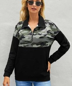 Sweet Lover Fashion New Arrivals Camo Kangaroo Pocket Zip Collar Sweatshirt
