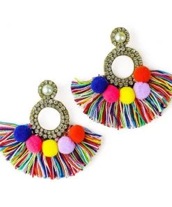 Treasure Jewels Accessories Crystal Pom Pom Fringe Earrings