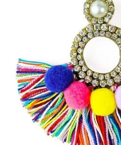 Treasure Jewels Accessories Crystal Pom Pom Fringe Earrings