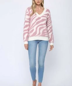 Fate Fuzzy Zebra Knit V-Neck Sweater New Arrivals