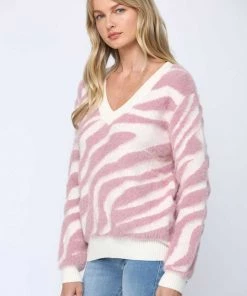 Fate Fuzzy Zebra Knit V-Neck Sweater New Arrivals