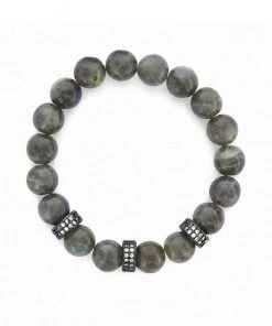 OMG Blings New Arrivals Labradorite Beaded Stretch Bracelet With Three Hematite Micro Pavé CZ Rings
