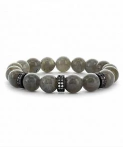 OMG Blings New Arrivals Labradorite Beaded Stretch Bracelet With Three Hematite Micro Pavé CZ Rings