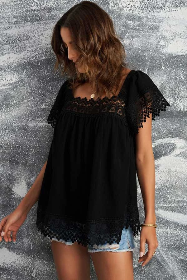 Shiying Fashion Lace Pom Pom Splicing Square Neck Blouse 2 Shiying Fashion Lace Pom Pom Splicing Square Neck Blouse