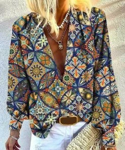 Retro Fashion Moroccan Print Deep V-Neck Blouse