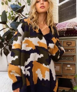 Madison Oversized Camo V-Neck Pullover New Arrivals