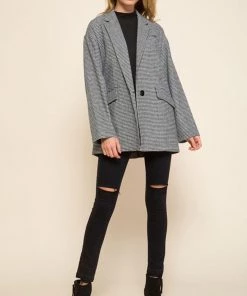 MITTOSHOP Houndstooth Plaid Boyfriend Blazer