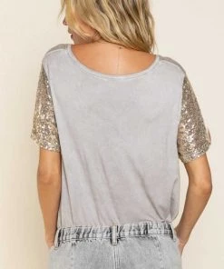 Pol Sequin Sleeve Deep V Tee New Arrivals