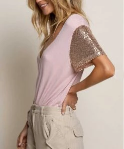 Pol Sequin Sleeve Deep V Tee New Arrivals