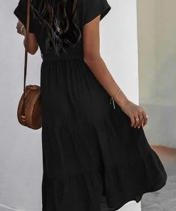 Purple Lava New Arrivals Solid Shirred Short Sleeve Midi Dress