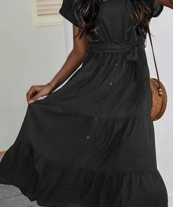 Purple Lava New Arrivals Solid Shirred Short Sleeve Midi Dress