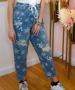 MITTOSHOP StarPower Drawstring Boyfriend Distressed Jeans