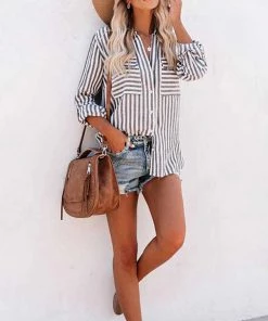 LA RENTA FASHION New Arrivals Striped Button Front Tunic Top