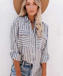 LA RENTA FASHION New Arrivals Striped Button Front Tunic Top