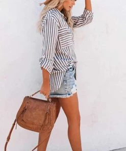 LA RENTA FASHION New Arrivals Striped Button Front Tunic Top