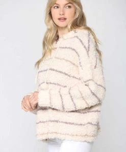 Fate Striped Fuzzy Knit Hoodie Sweater New Arrivals