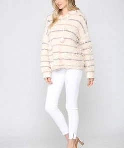 Fate Striped Fuzzy Knit Hoodie Sweater New Arrivals