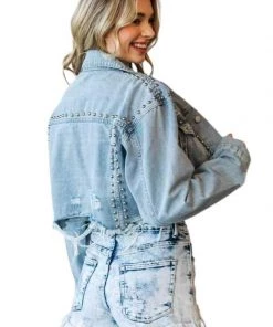 Veveret New Arrivals Studded Cropped Distressed Denim Jacket