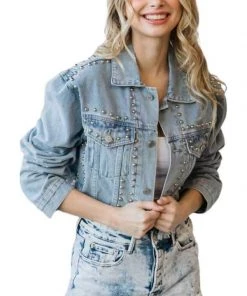 Veveret New Arrivals Studded Cropped Distressed Denim Jacket