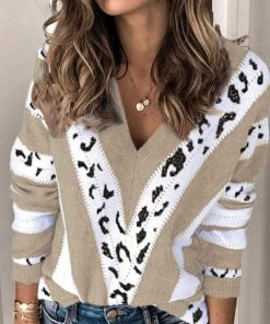 Today Fashion V-Neck Leopard Striped Sweater