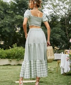 Trendsi Gingham Smocked Crop Top And Tiered Skirt Set New Arrivals